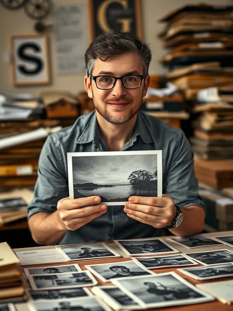 A close-up shot of a volunteer carefully cataloging historical photographs in the Adair County Historical Society's archive.