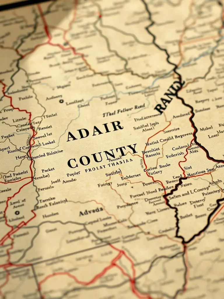 A close-up image of a vintage map of Adair County, highlighting historical landmarks and settlements.