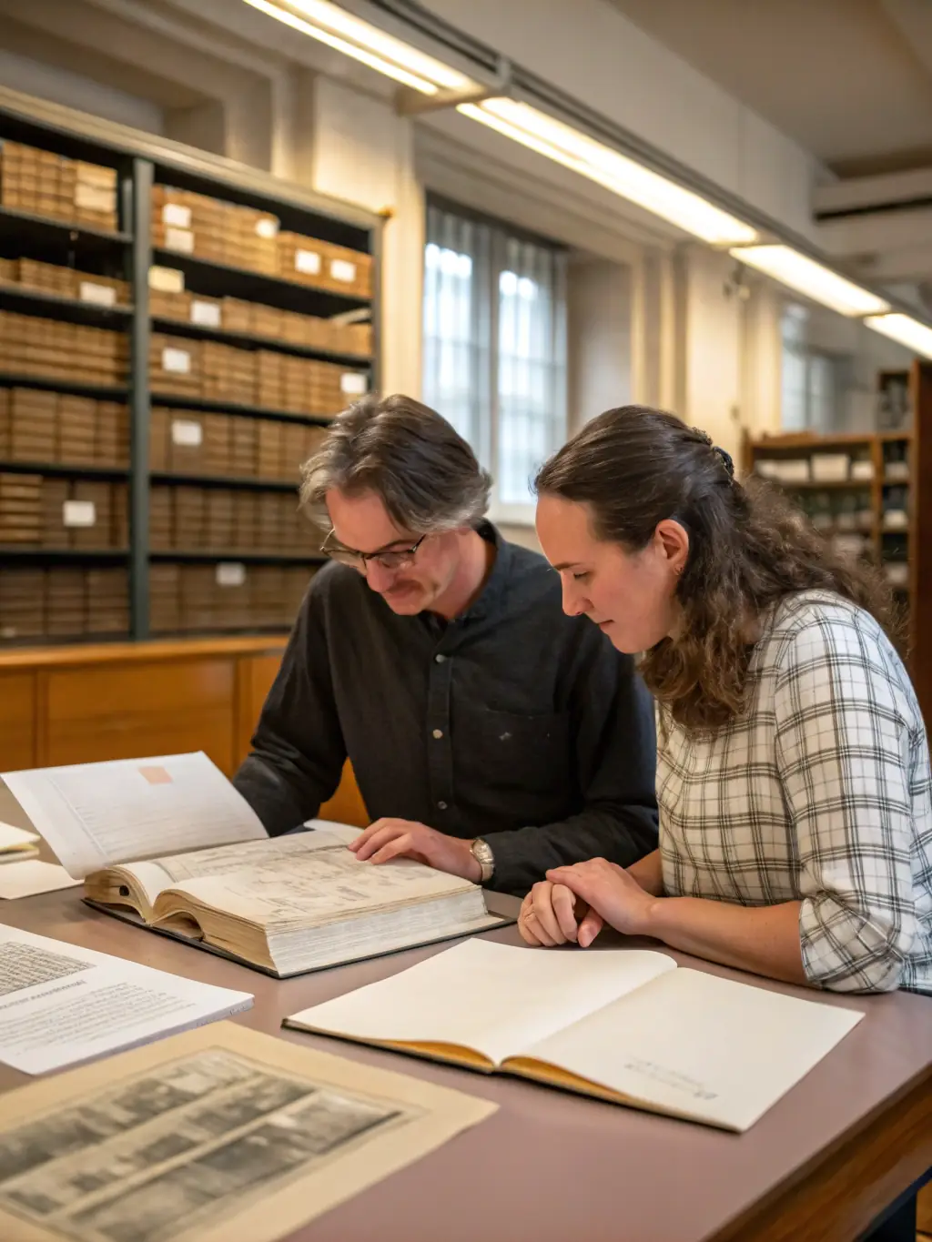 A photograph of a researcher carefully examining a collection of historical documents in the Adair County Historical Society's archive, showcasing the depth of resources available.