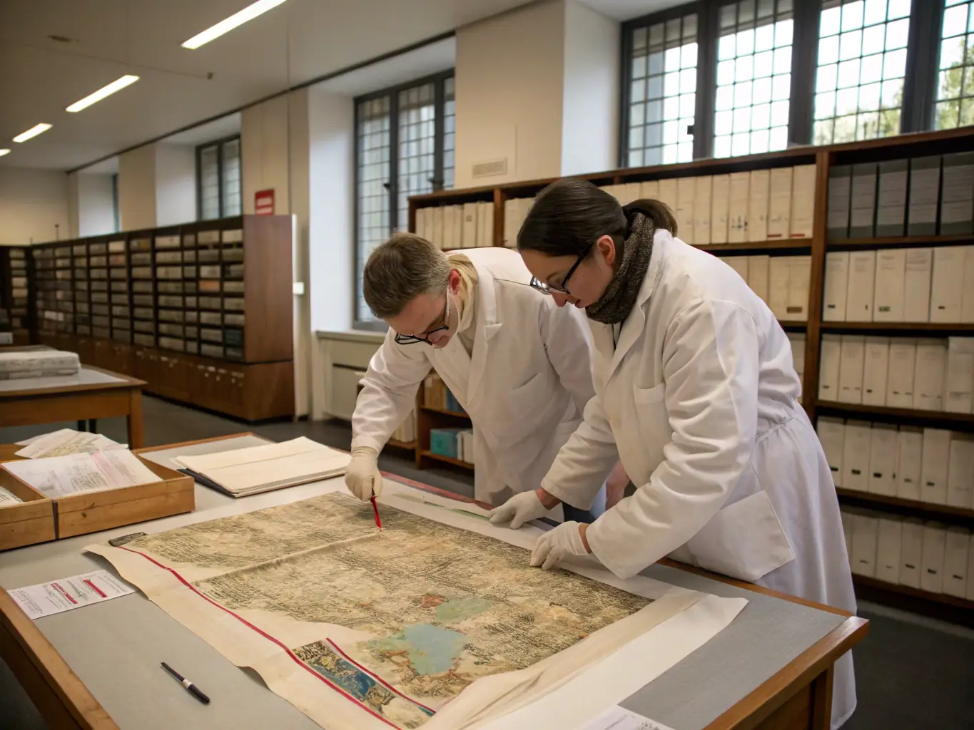 A photograph of researchers and volunteers working in the Adair County Historical Society's archives, preserving and cataloging historical documents and photographs.