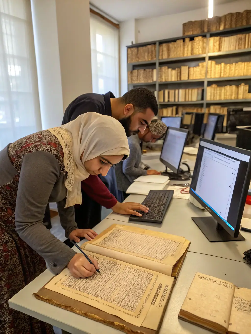 A photo of volunteers working in the Adair County Historical Society's archives, carefully preserving historical documents and artifacts.